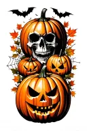 pumpkins and  skulls bats spiderwebs and falling maple leaves. the pumpkins and leaves should have color tattoo design idea