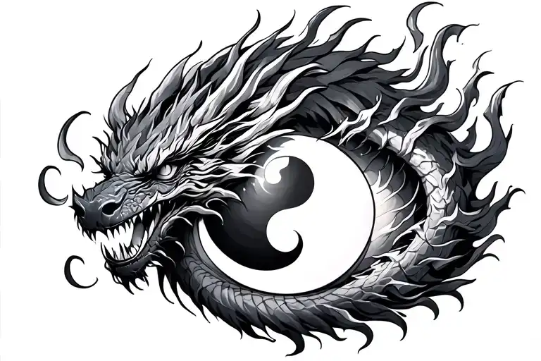 ice dragon wrapped tightly in a battle with a fire dragon forming a yin yang in an eye shape tattoo design idea