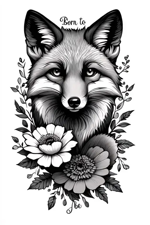 Flowers, fox, inscription Born to be tattoo design idea
