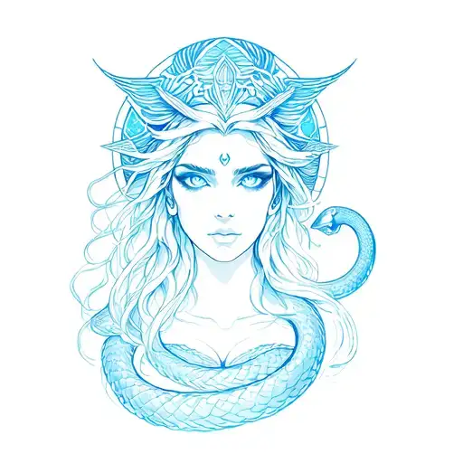 OPHIUCHUS Woman God Snake Bright eyes blue colour tattoo design idea
