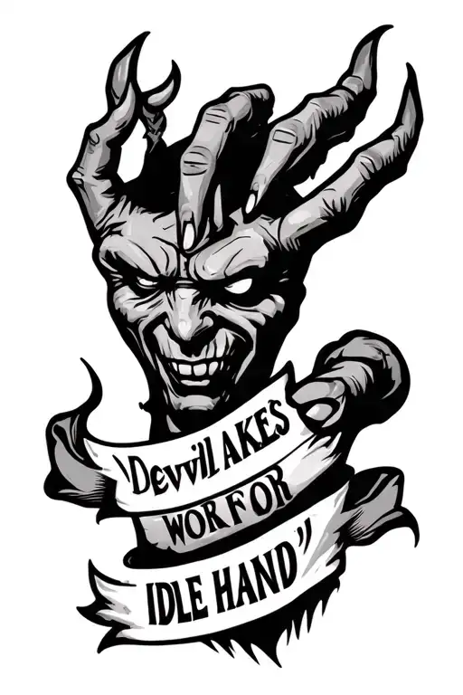 "Devil makes work for idle hand" devilish hand flash style tattoo design idea