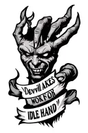 "Devil makes work for idle hand" devilish hand flash style tattoo design idea