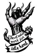 "Devil makes work for idle hand" devilish hand flash style tattoo design idea