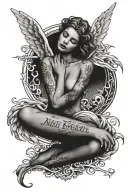 angel losing it's mind with the words keep faith sentences joined together with dark shading tattoo design idea