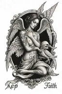 angel losing it's mind with the words keep faith sentences joined together with dark shading tattoo design idea