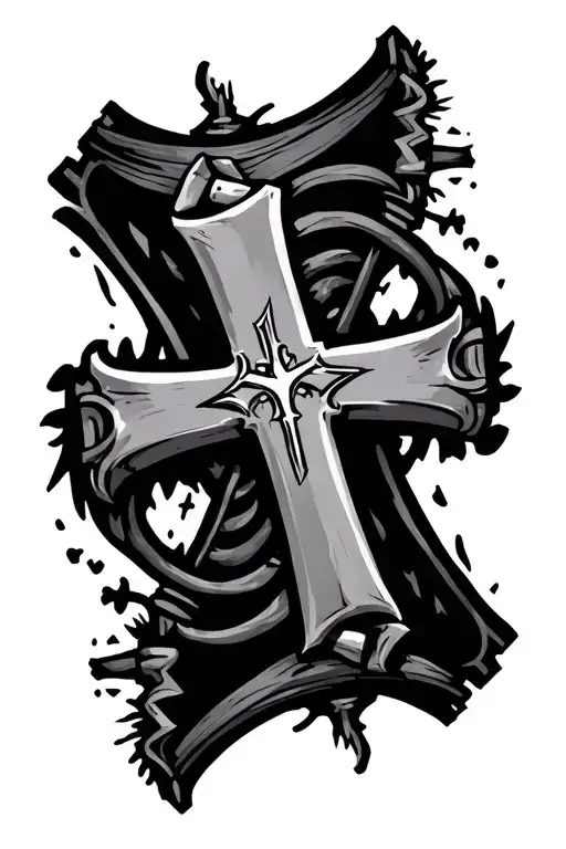 cyber sigilism style with crosses horizontally and charon tattoo design idea