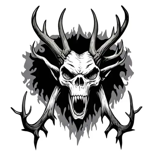 Can you create a skull wendigo with jagged antlers and a terrifying expression in American traditional black and grey tattoo design idea