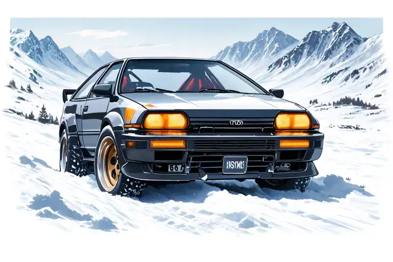 Toyota Treeno AE86 Initial D with Popup headlights in the snowy mountains tattoo design idea