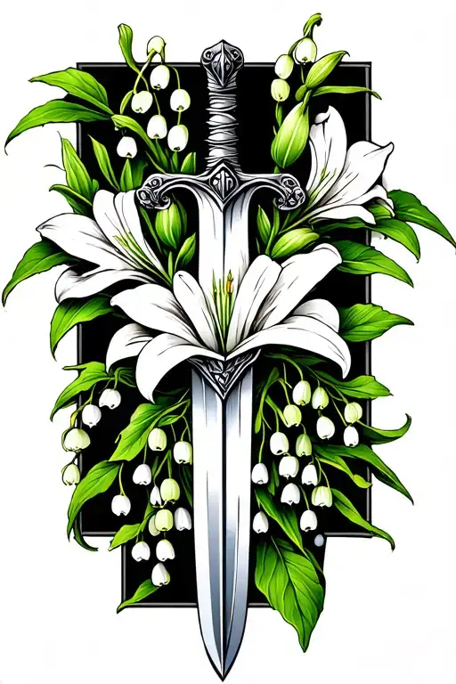 sword with lily of the valley around the handle tattoo design idea