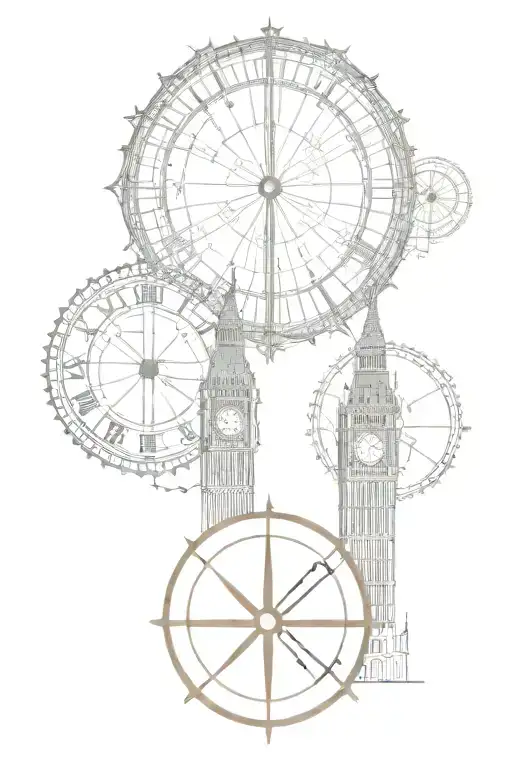 Imagine a circular stamp:  Big Ben on the left, with its clock face clearly defined. The London Eye on the right,  tattoo design idea