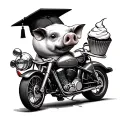 pig wearing graduation cap holding cupcake on motorcycle tattoo design idea