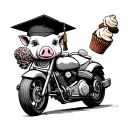 pig wearing graduation cap holding cupcake on motorcycle tattoo design idea
