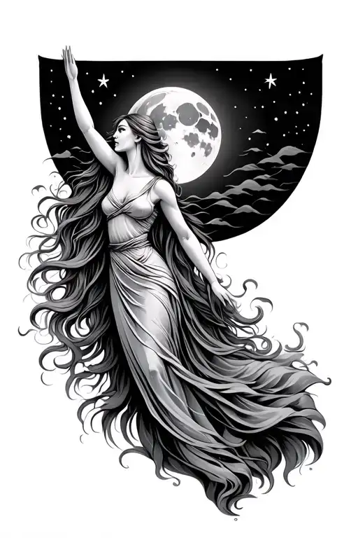 moon goddess, long flowing hair, in long flowing gown reaching for the moon  tattoo design idea