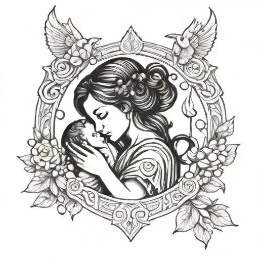 Virgo holding baby Aquarius and baby libra zodiac tattoo design idea