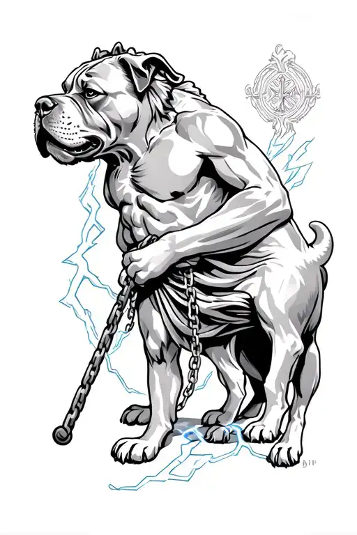 zeus god holding Cane Corso on chain lightning tattoo design idea