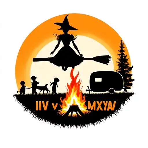 "IV V MMXIV" silhouette of busty sexy witch bride on broomstick over a campsite with a trailer and campfire with children & dog tattoo design idea