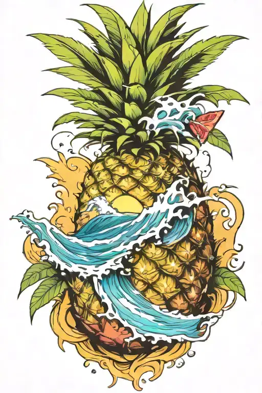 beach scene coming out of a pineapple tattoo design idea