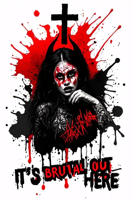 Demon looking like Selena Gomez with letters saying It's brutal out here and a cross tattoo design idea