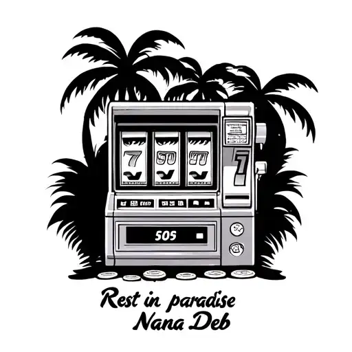 slot machine with scratch off at bottom silhouette palm trees coins "rest in paradise Nana Deb" tattoo design idea