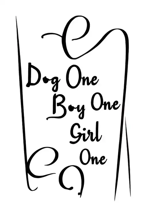 "Dog One Boy One Girl One" names intertwined tattoo design idea