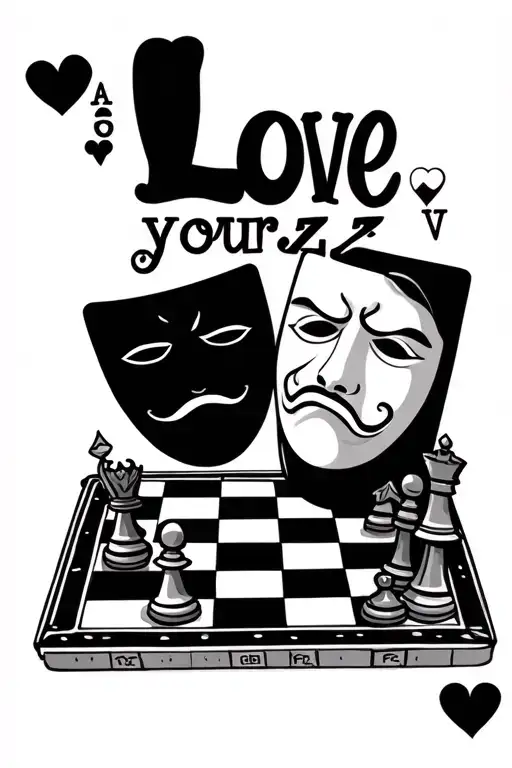 Love yourz written at the top, happy and sad mask underneath, then a deck of cards, and a king chess piece on a board tattoo design idea