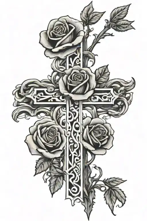 cross and rose intertwined tattoo design idea