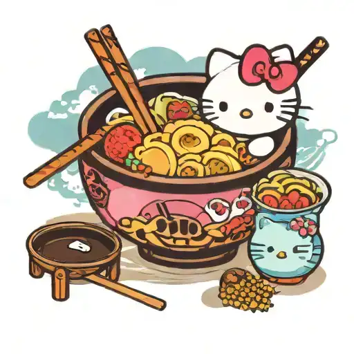 kawaii ramen bowl with hello kitty rice cakes and chopsticks tattoo design idea