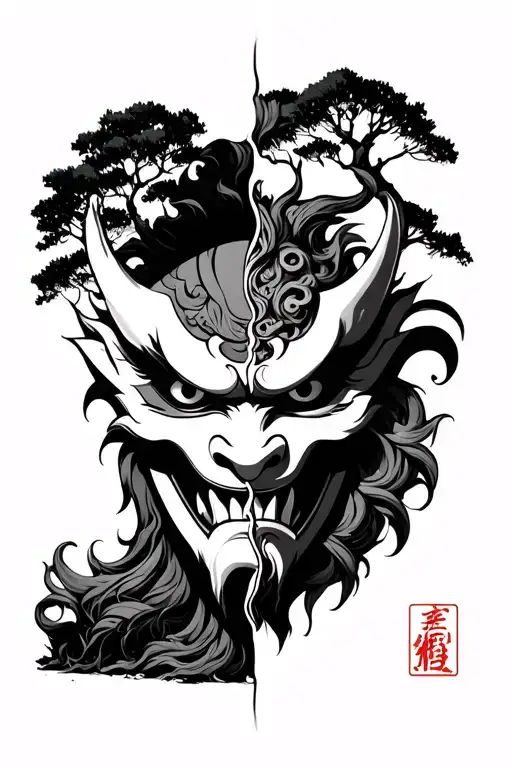 oni mask split in half with tree in the background tattoo design idea