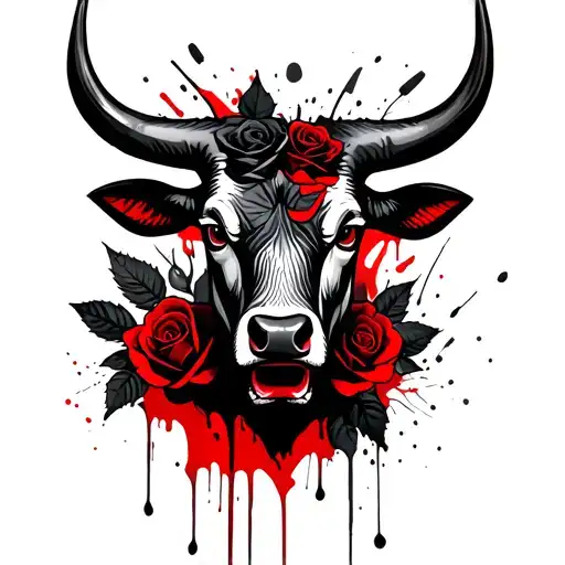 Bull's head, black roses and leaves in the background tattoo design idea