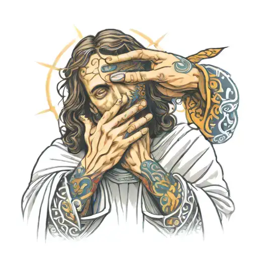 Jesus praying and holding my hand tattoo design idea