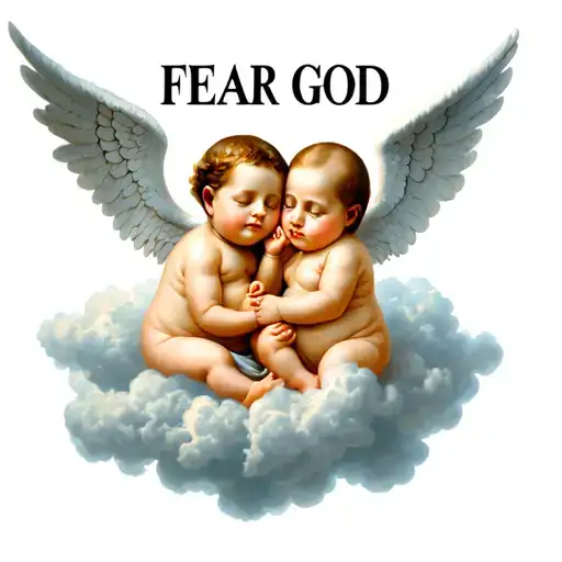 "FEAR GOD" "FEAR GOD" "FEAR GOD" clouds surrounding 2 baby angel tattoo design idea