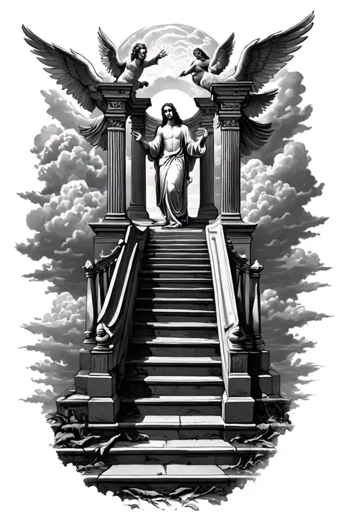 stairway to heaven with jesus walking up, gates on top of stairs. cherub hovering above the gates with clouds surroundin tattoo design idea