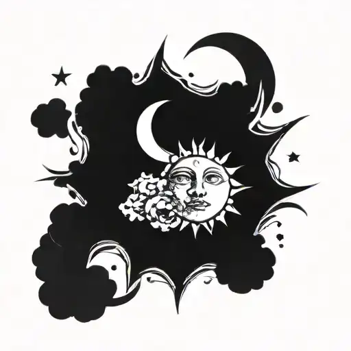 sun illuminating moon with stars simple tattoo design idea