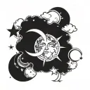 sun illuminating moon with stars simple tattoo design idea