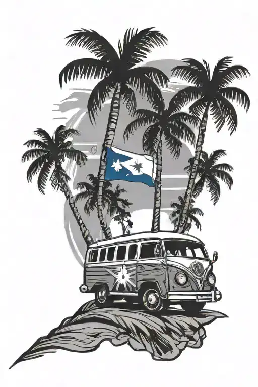philippines flag with palm tree, sunset, with a jeepney on a tropical island  tattoo design idea