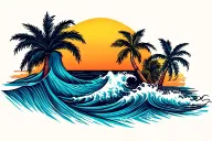 ocean wave, palm tree and sun setting tattoo design idea