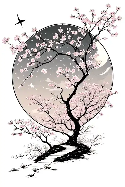 A subtle, winding path in moonlight, surrounded by cherry blossom, the path leading nowhere tattoo design idea