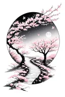 A subtle, winding path in moonlight, surrounded by cherry blossom, the path leading nowhere tattoo design idea