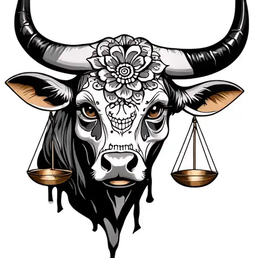 feminine bull with sugar skull markings, brown eyes and Libra scales on both horns and dark background tattoo design idea