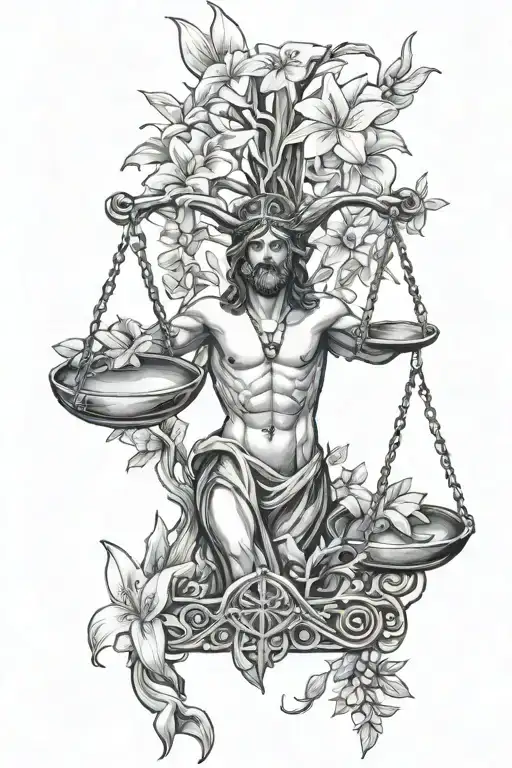 of jesus holding the scales of justice one scale in each hand infront of the tree of life with white lily vines tattoo design idea