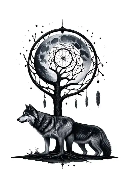moon 2 wolves tree of life and dreamcatcher  tattoo design idea