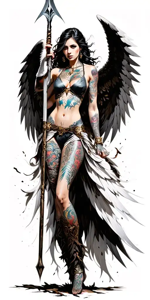 fantasy style, tattooed, female battle angel with all white wings using a spear tattoo design idea