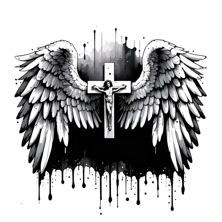black and white wings and cross without jesus with splash of oil paint and scratch tattoo design idea
