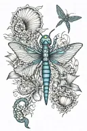  sea shells, flor de Maga, blue dragon fly, and a black tip reef shark  tattoo design idea
