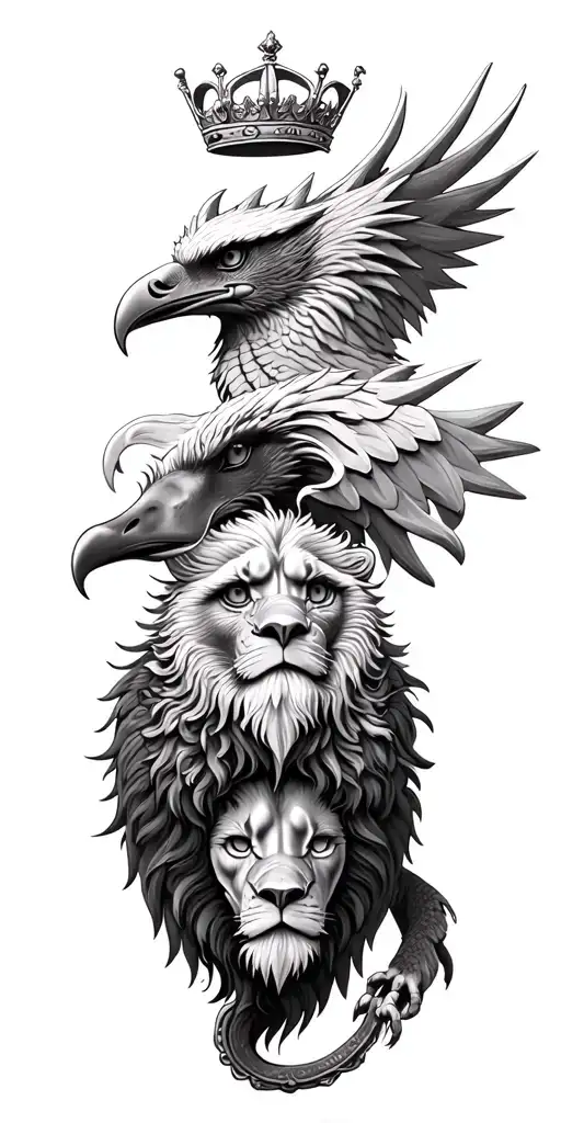 eagle, dragon and lion wearing a crown tattoo design idea