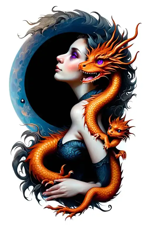 Tattoo a woman with a black hole, with purple eyes and a dragon baby on her shoulder tattoo design idea