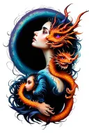 Tattoo a woman with a black hole, with purple eyes and a dragon baby on her shoulder tattoo design idea