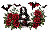 vampire gypsy surrounded by roses and bats flying tattoo design idea