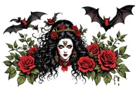 vampire gypsy surrounded by roses and bats flying tattoo design idea