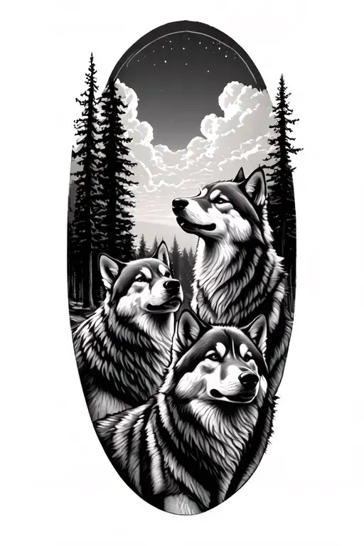 pack of three wolves in the woods looking up at the sky tattoo design idea